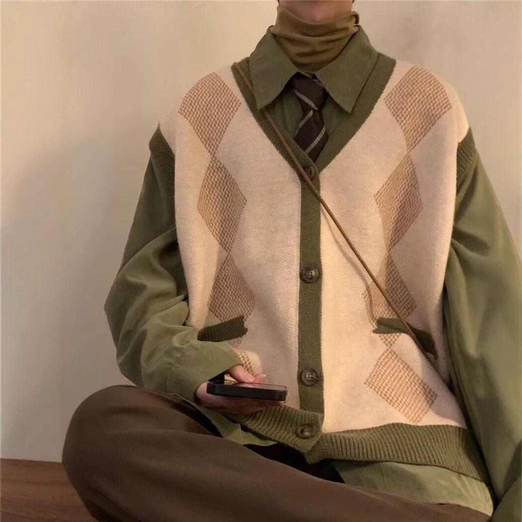 Rhombus V-neck Vest Sweater Cardigan for Men