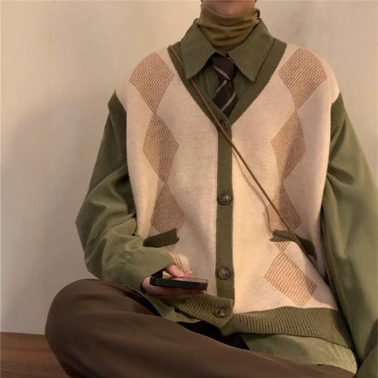 Rhombus V-neck Vest Sweater Cardigan for Men