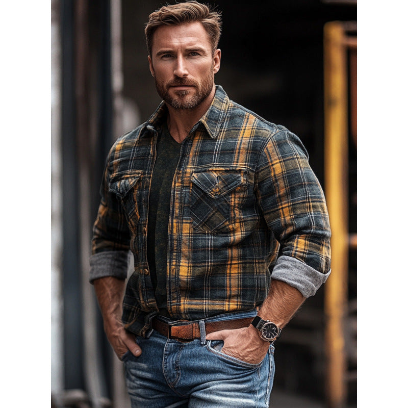 Men's Plaid Printed Fleece-lined Pocket Shirt