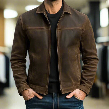 Men's Casual Leather Jacket with Lapel