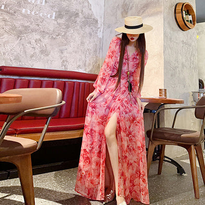 Floral V-neck Pure Desire Split Long Sleeve Dress