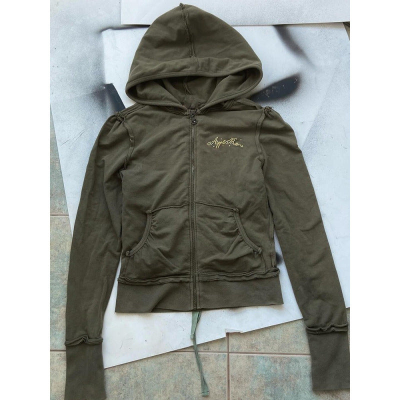 Autumn American Style Vintage Design Olive Green Hooded Printed Sweater