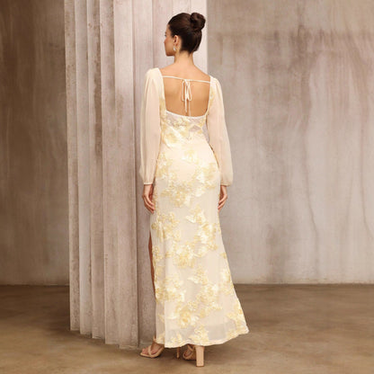 Plate Flower Embroidery Square Collar Slit Banquet Dress
