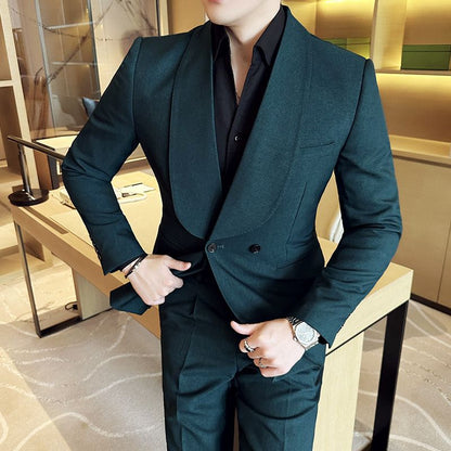 Men's Casual Suit Double Breasted Green Collar