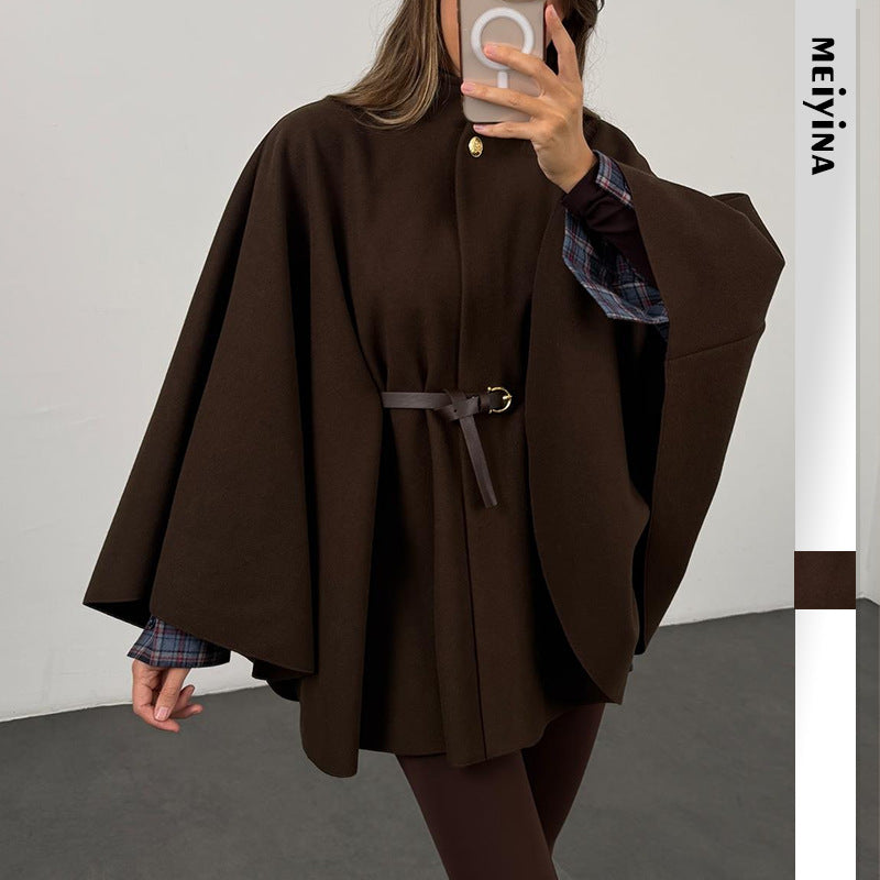 Winter Elegant Style Solid Color Waist Tight Woolen Cape Coat Medium Length