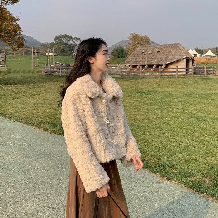 Lamb Fur Coat For Women Horn Button One-piece Loose