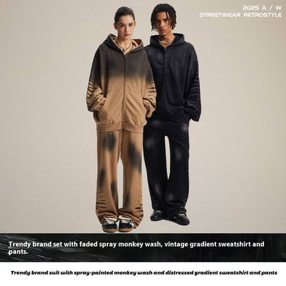 Ternos Hooded Monkey Wash Washed And Worn Gradient Sweater Pants Men