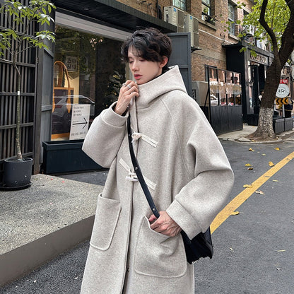 High-grade Woolen Horn Button Hooded Coat Medium length