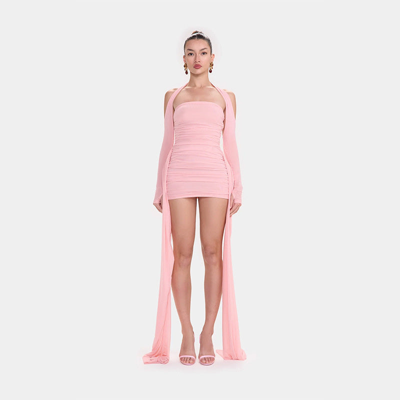 Elegant Pure Pleated Ribbon Sheath Sexy Tight Strapless Dress