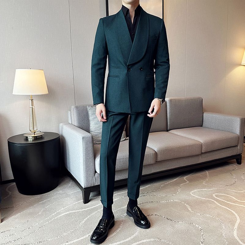 Men's Casual Suit Double Breasted Green Collar