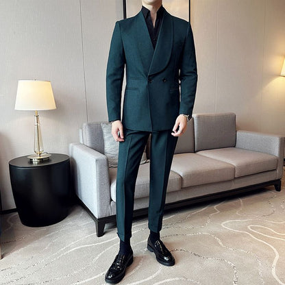 Men's Casual Suit Double Breasted Green Collar
