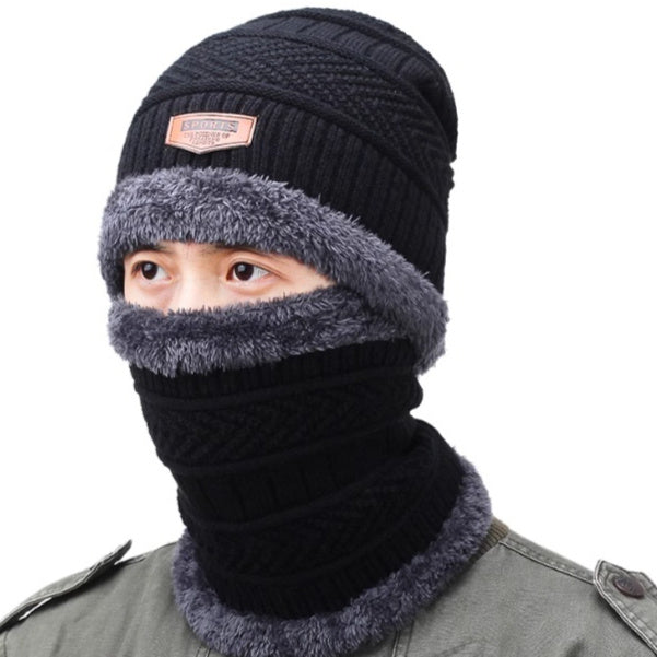 Men's Winter Hat, Warm Ear Protection, Fleece Knitted Hat, Thickened Scarf, Two-Piece Set