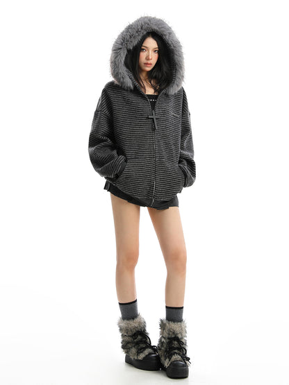 American Striped Detachable Big Fur Collar Hoodie