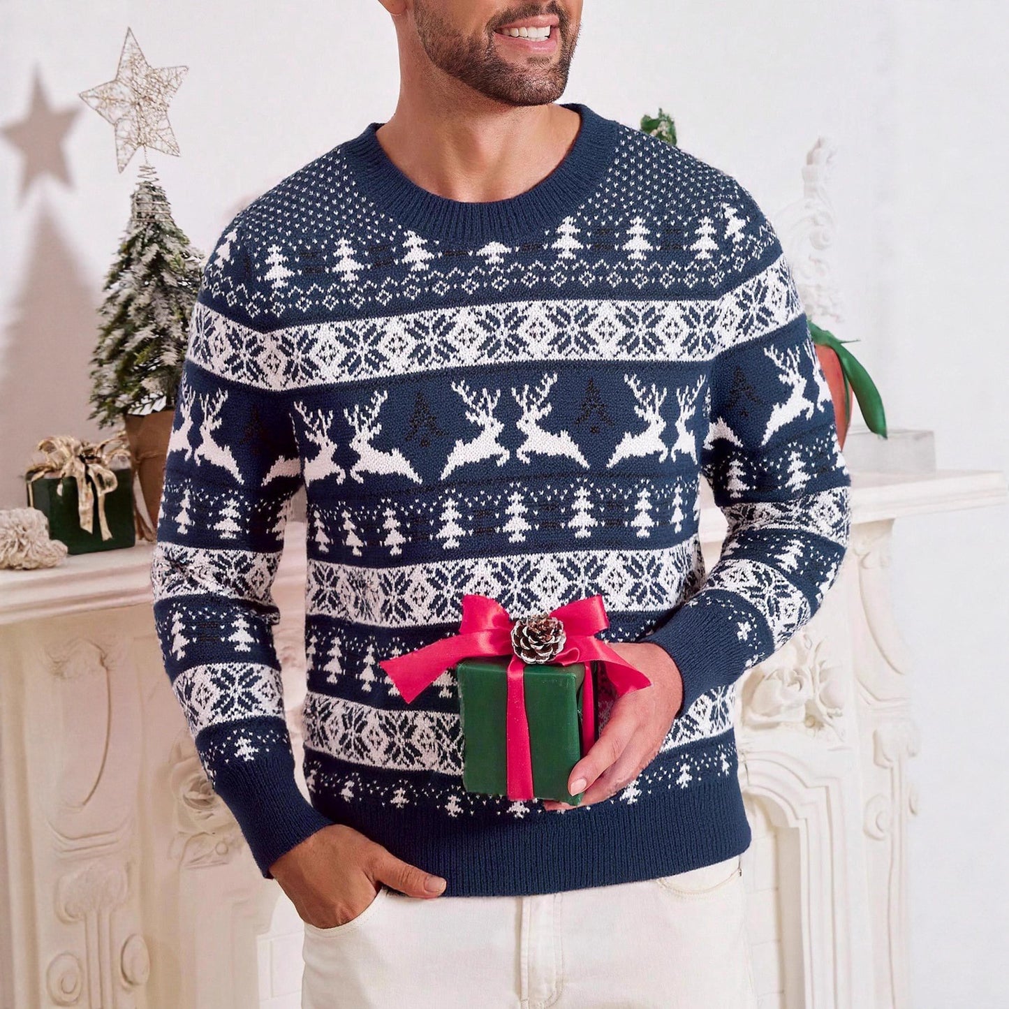 Men's Christmas Sweater, Round Neck, Loose Fit, Jacquard Knitwear