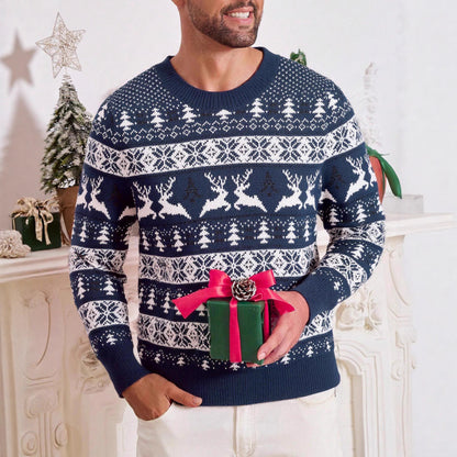 Men's Christmas Sweater, Round Neck, Loose Fit, Jacquard Knitwear