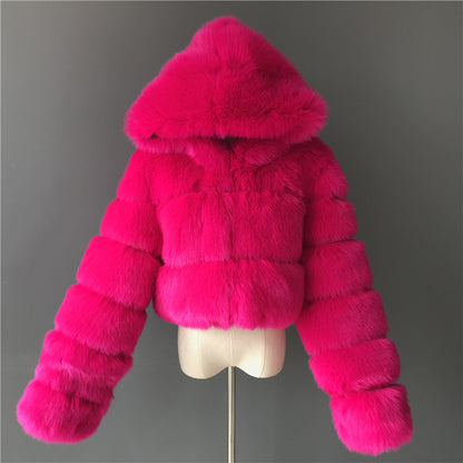Short Hood Fox Fur Feminino Long Sleeve Stitching Coat