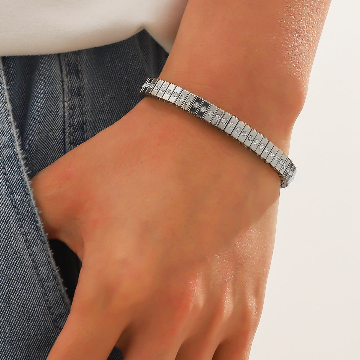 Cold Stainless Steel Diamond Elastic Bracelet for Men