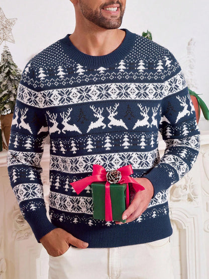 Men's Christmas Sweater, Round Neck, Loose Fit, Jacquard Knitwear
