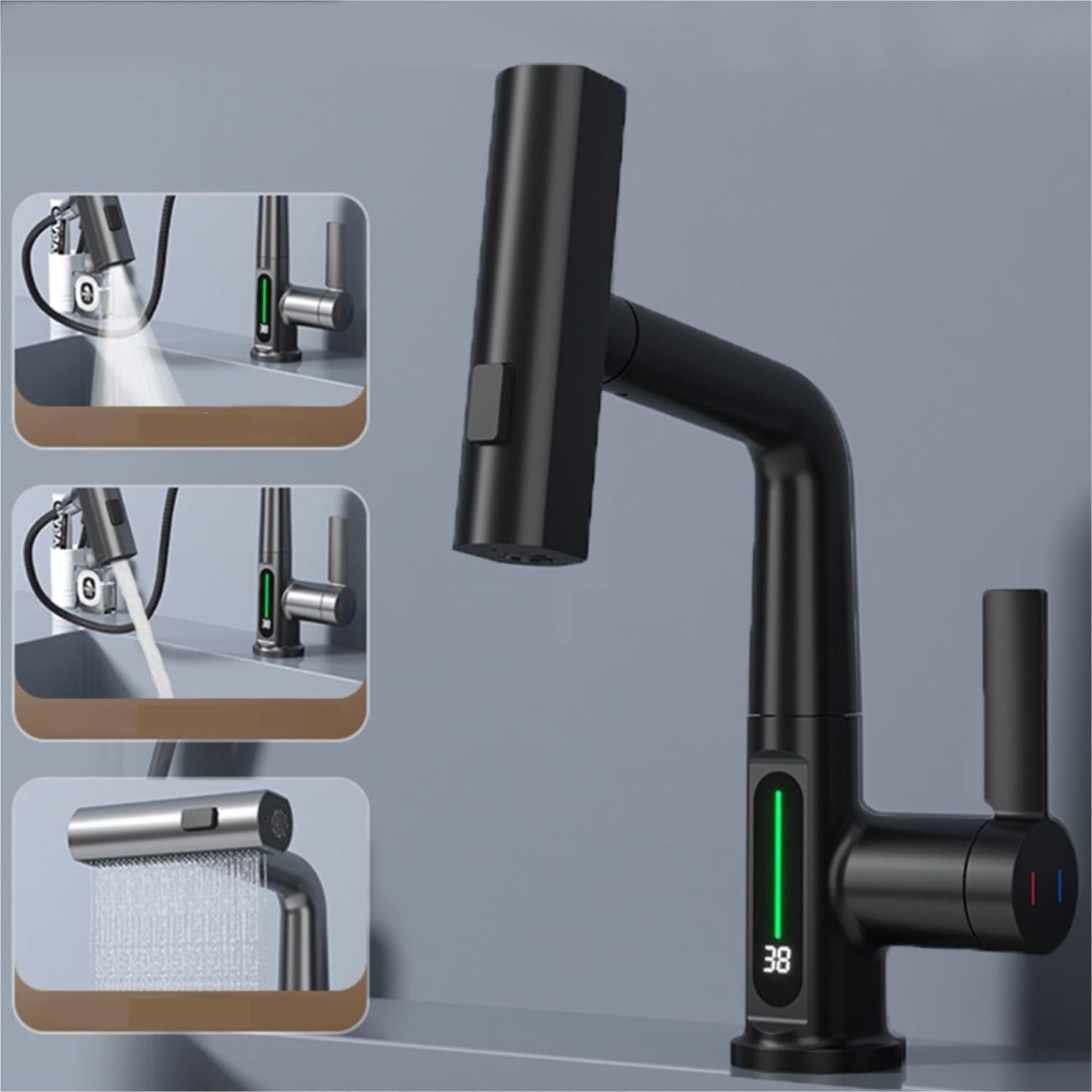 Smart digital display faucet, pull-out basin faucet, temperature digital display, rotation.