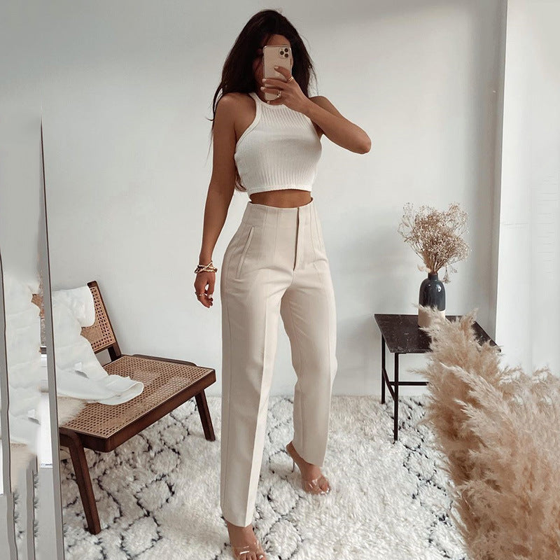 Basic Pleated Casual High Waist Pure Color Slim-fit Pants