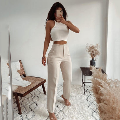 Basic Pleated Casual High Waist Pure Color Slim-fit Pants