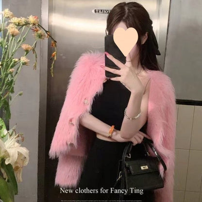 Women's Faux Mink Velvet Knit Cardigan Sweater Coat, Thickened For Autumn And Winter 2025, New Short European Style, Soft And Plush