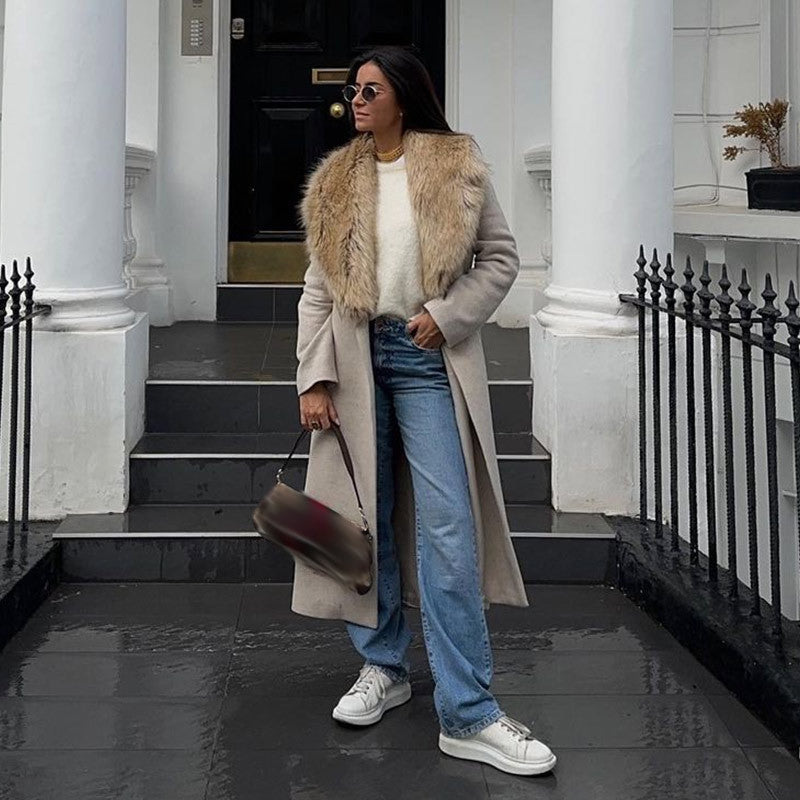 Women's Fur Collar Long Woolen Coat