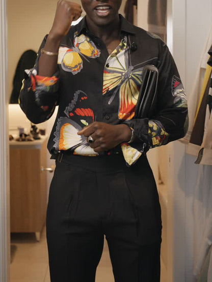 Chic Black Button-Up Shirt with Vibrant Butterfly Print