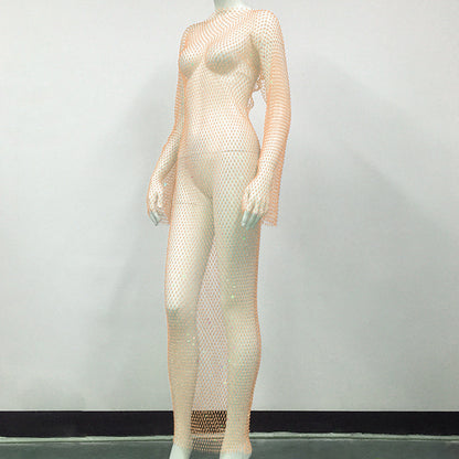 Women's Rhinestone Fishnet Mesh Sexy Slit Fishnet Dress