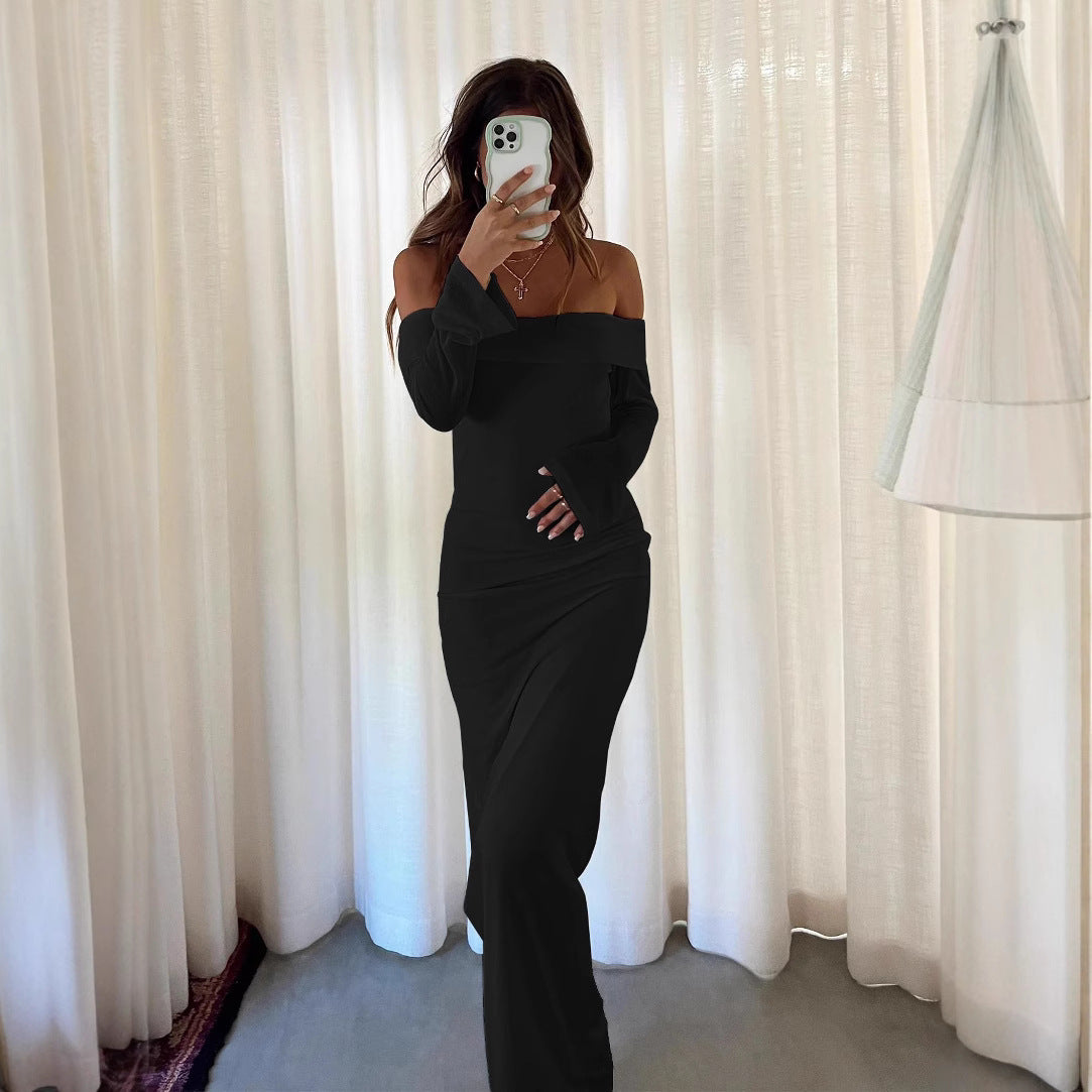 Fashion Personalized Off-shoulder Solid Color Sexy Slim Dress