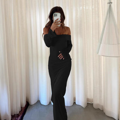 Fashion Personalized Off-shoulder Solid Color Sexy Slim Dress
