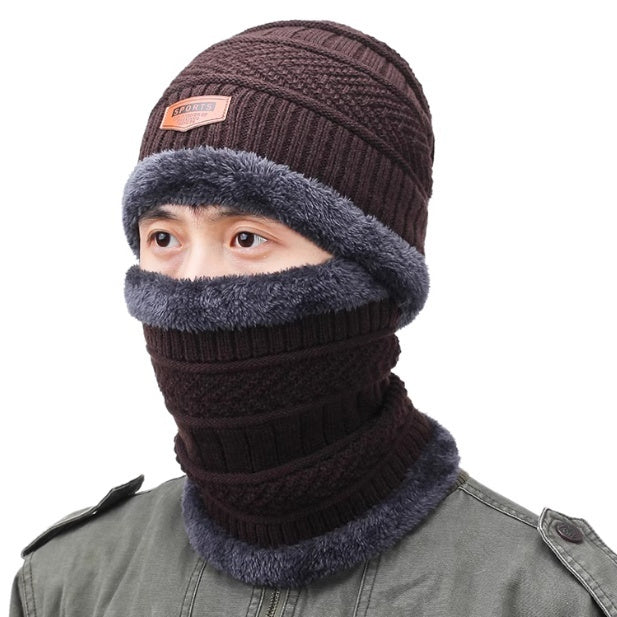 Men's Winter Hat, Warm Ear Protection, Fleece Knitted Hat, Thickened Scarf, Two-Piece Set
