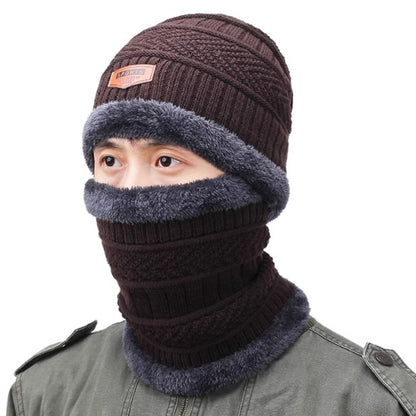 Men's Winter Hat, Warm Ear Protection, Fleece Knitted Hat, Thickened Scarf, Two-Piece Set