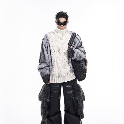 Brushed Lining Thick Fur Patchwork Turtleneck Sweater for Men
