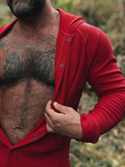 Red Hooded Button - Front Onesie