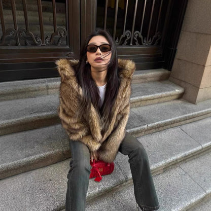 Stylish Polyester Fur Overcoat Coat