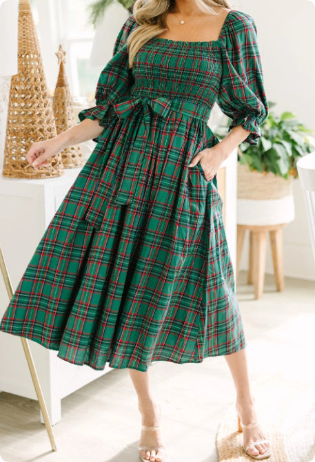 Green Tartan Plaid Square Neck Puff Sleeve Knot Waist Flared Midi Dress