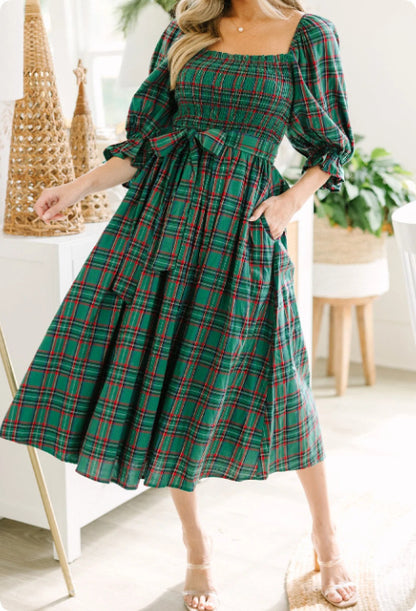 Green Tartan Plaid Square Neck Puff Sleeve Knot Waist Flared Midi Dress