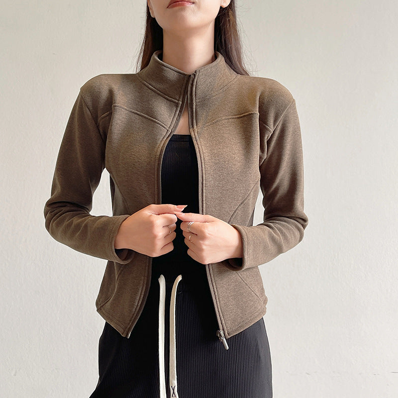 Women's Stand Collar Short Coat Cashmere Hoodie Plus Velvet Thickening