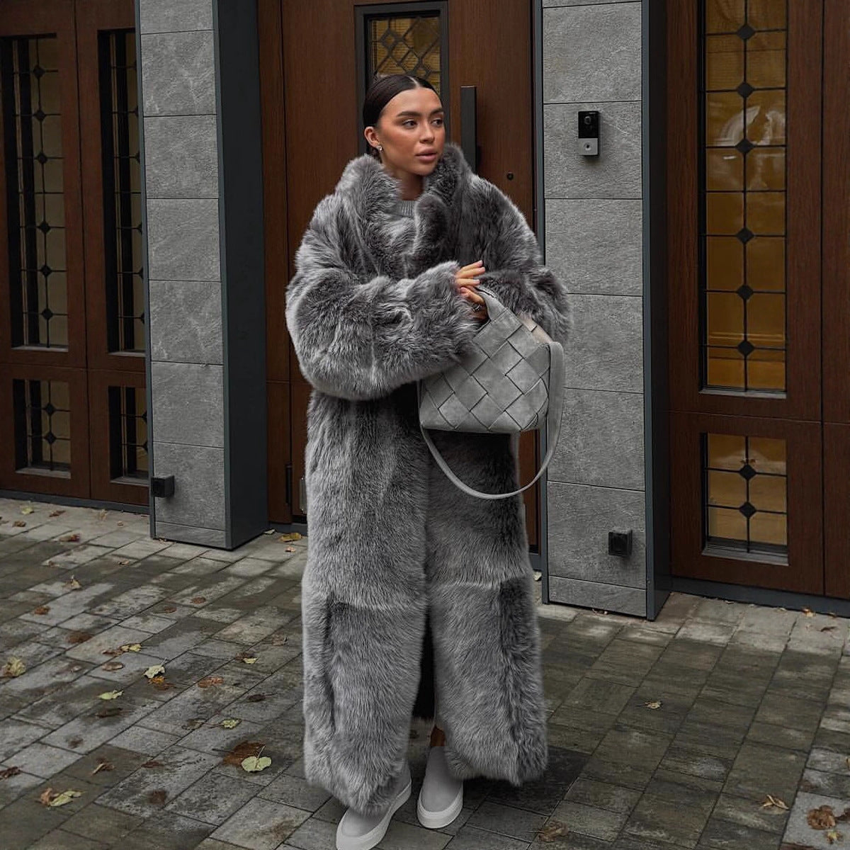 Women's Black And White Two-color Artificial Wool Coat
