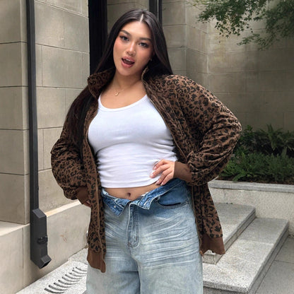 Women's Casual Leopard Print Corduroy Zip-up Long Sleeve Sweatshirt