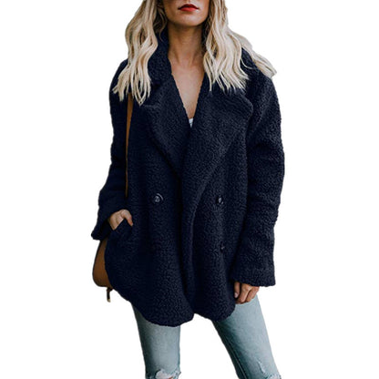Women's Autumn And Winter Plush Button Lapels Pocket Coat