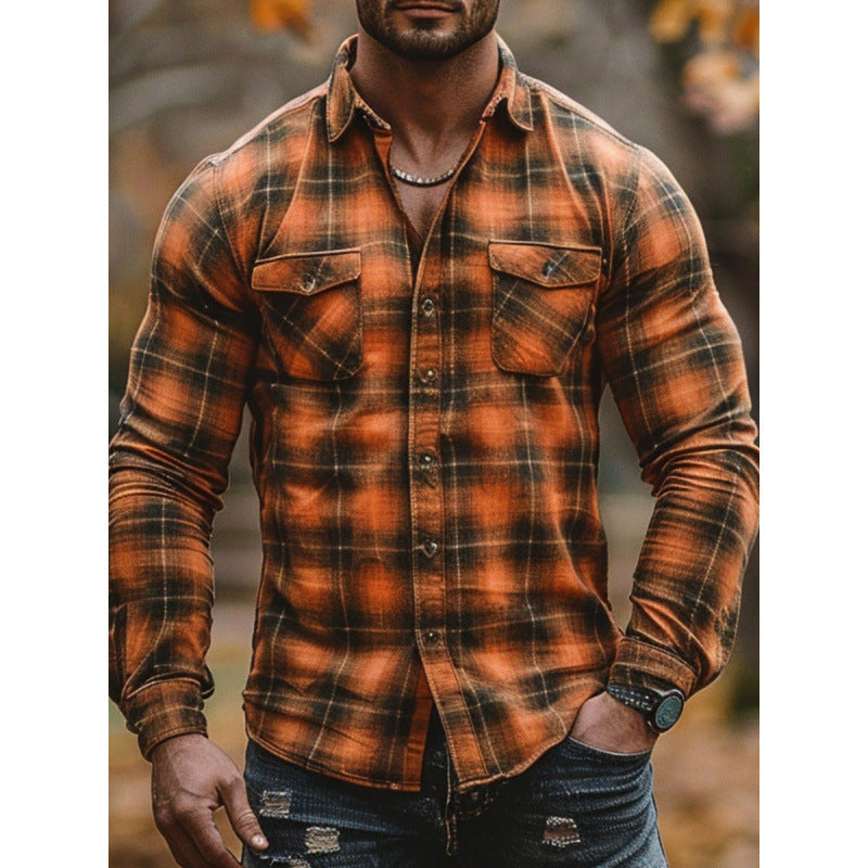 Men's Plaid Printed Fleece-lined Pocket Shirt