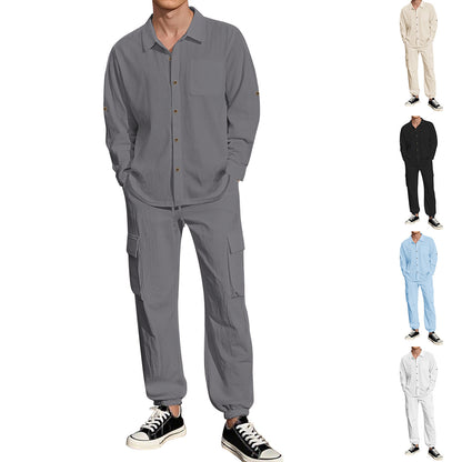 Long Sleeve Lapel Linen Shirt Overalls Suit