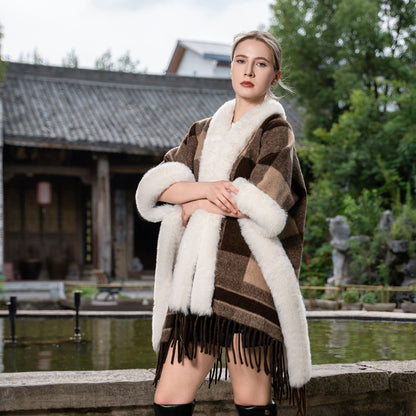 New Plus Size Cloak Hooded Fleece-lined Thickened Fur Shawl Loose Versatile Coat