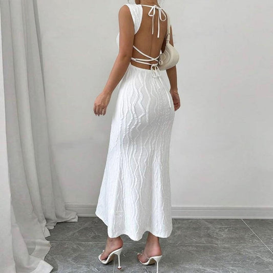 Striped Sexy Square Collar Sling Backless Long Dress