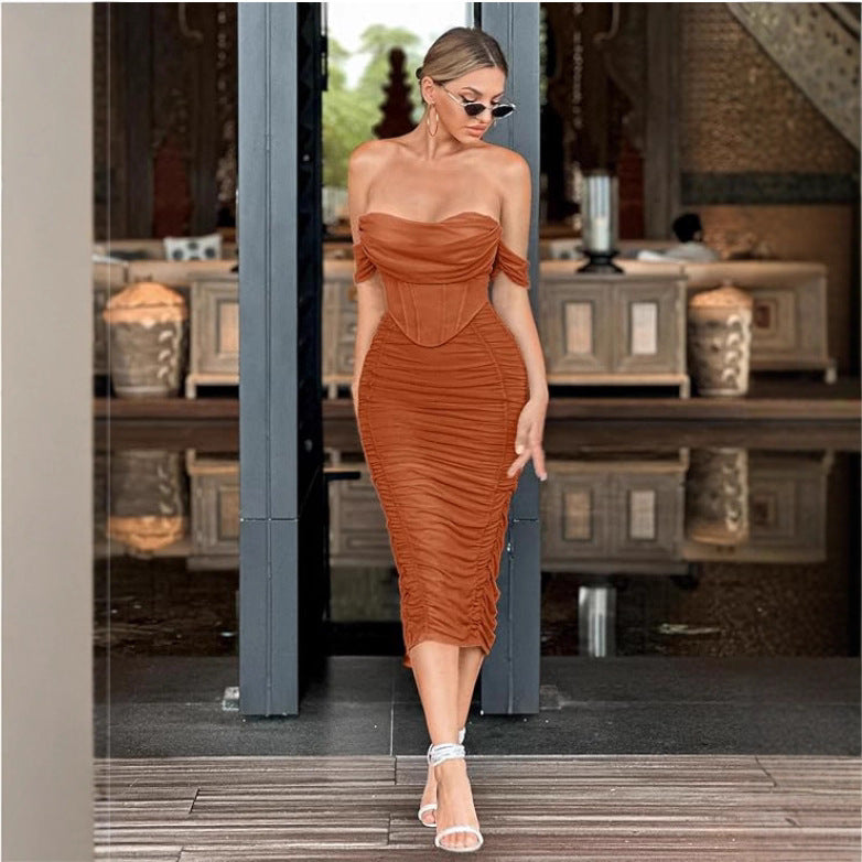 Cold-shoulder Bodycon Corset Pleated Mid-length Dress