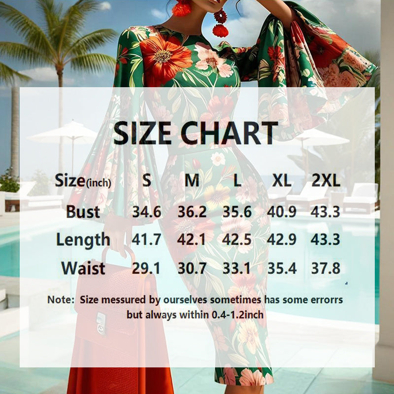 Women's Floral Print Round Neck Bodycon Dress Vibrant Red &amp; Green Fit Flare Summer Dress With Bell Sleeves