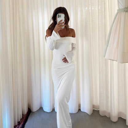 Fashion Personalized Off-shoulder Solid Color Sexy Slim Dress