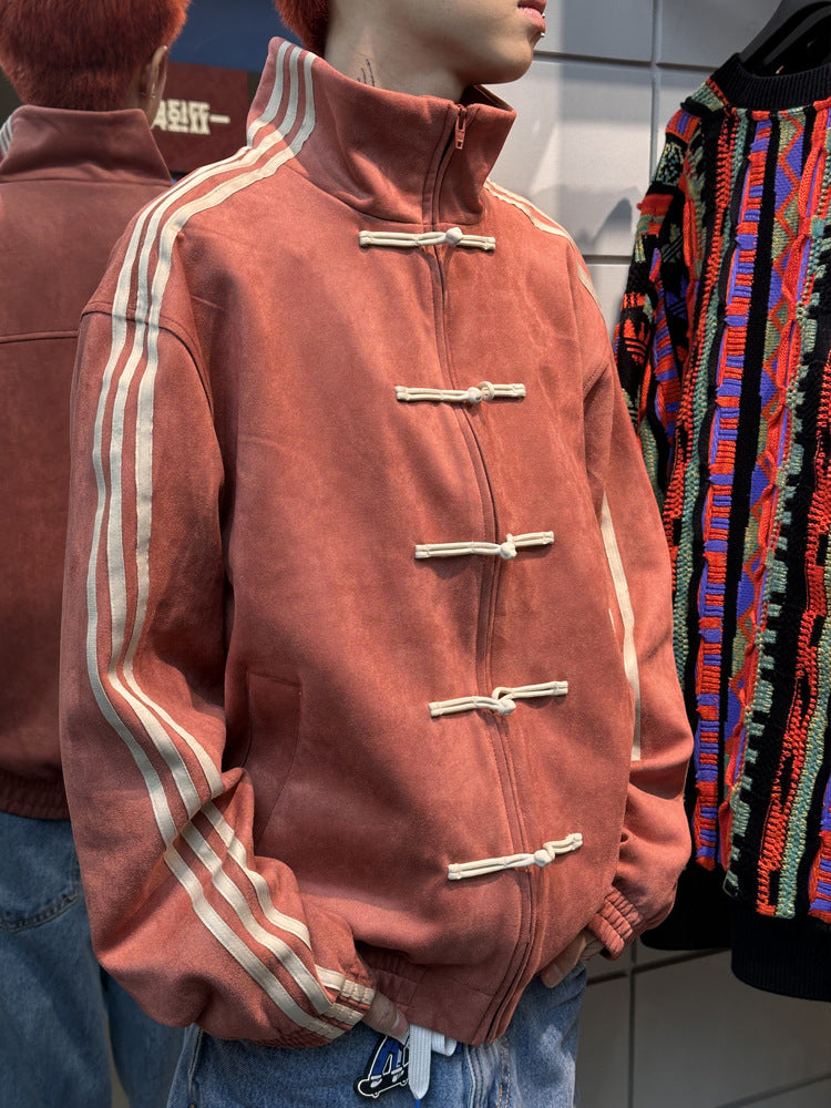 Suede Stand Collar Buckle Jacket For Men